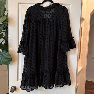 Pieces dobby mesh smocked dress with high neck in black polka dot Sz L NWT